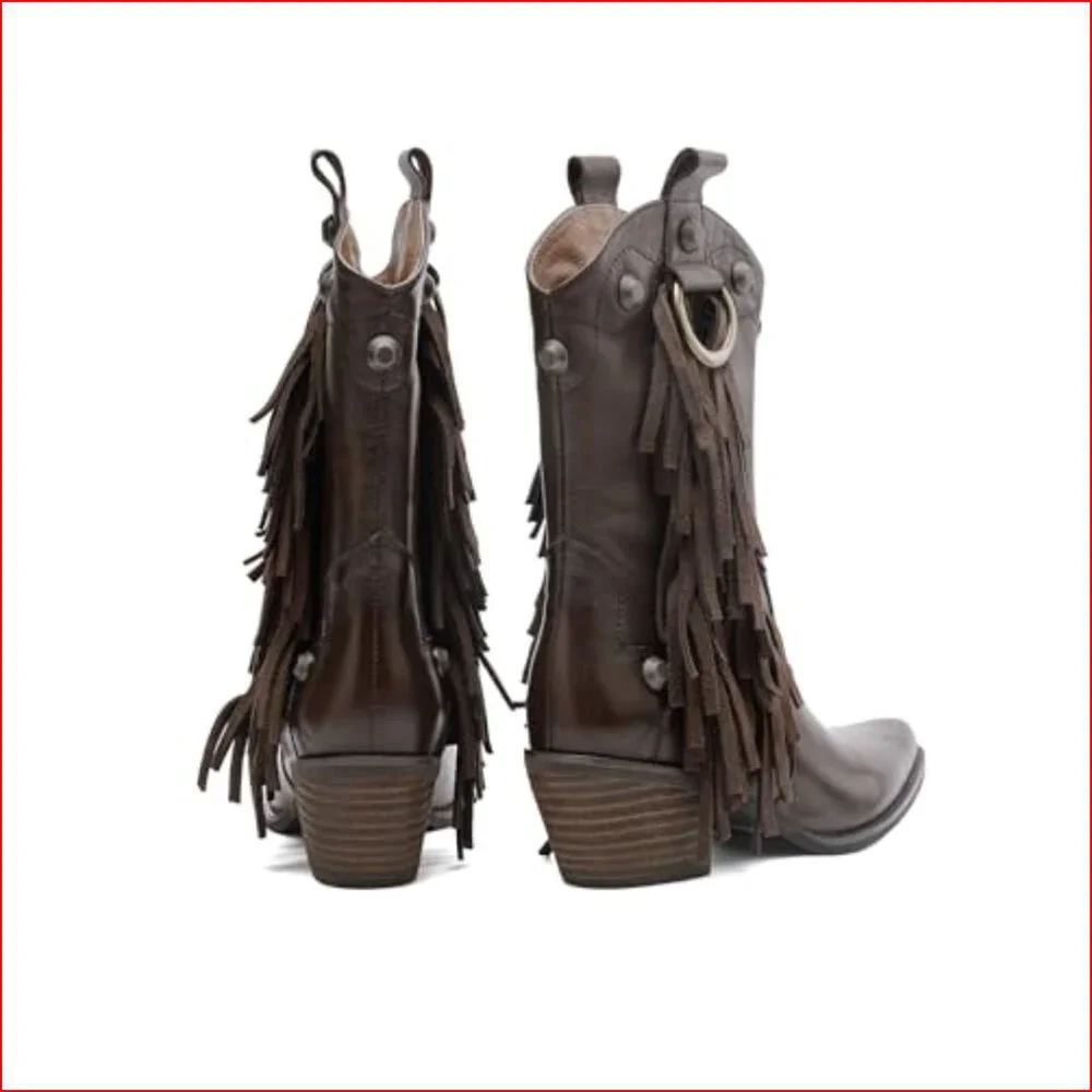 Pointed Toe Ankle Boots With Chunky Heel Slip-On Leather Western Style - Picture 4 of 6